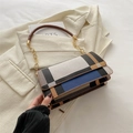 Structured shoulder bag with blue and beige color-block plaid pattern and gold chain - Blue