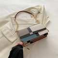 Colorblock geometric shoulder bag with cross-grain leather texture and chain strap - Lake Blue