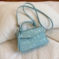 Light blue sequin handbag with knot handle design and gold hardware crossbody strap - Blue