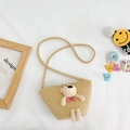Mini straw crossbody bag with plush bear character and spiral woven texture for kids - Khaki