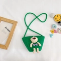 Green woven mini bucket bag featuring a cute plush bear with a purple bow - Green