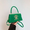 Green leather crossbody square bag with gold RR buckle and top handle for women - Green
