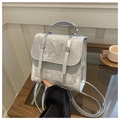 Detalle de la mochila de terciopelo plateado con mariposa decorativa y brillo suave - Plateado