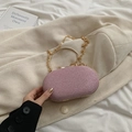 Pink glitter oval evening clutch bag with gold ring handle and detachable chain strap - Pink
