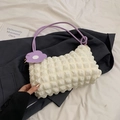 Chic bubble texture cream underarm bag with purple straps and floral pendant detail - White and Purple
