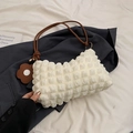 White popcorn texture baguette bag with brown leather straps and flower charm - White and Brown