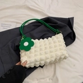 White bubble texture shoulder bag with green rope handles and floral charm - White & Green