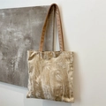Sac cabas en velours de style chinois avec motif bambou et lanières en cuir marron - Kaki