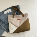 Borsa tote in tela beige e verde oliva con elegante etichetta in pelle FASHION - Cachi