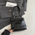 Mini black leather tote bag with five 3D bows and a versatile silver bead chain strap - Black
