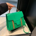 Bolso de mano verde con relieve de cocodrilo, asas marrones y herrajes dorados - Verde