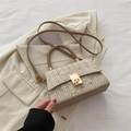Beige straw woven crossbody bag with floral embroidery and golden metal lock - Khaki