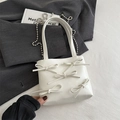 Mini white tote bag with sweet bow accents and silver bead chain strap for women - White