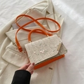Summer straw handbag with pink floral embroidery and bright orange strap and handle - Orange