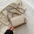 Beige straw woven handbag with floral embroidery and brown braided handle for women - Khaki