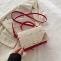Straw woven crossbody bag in beige with floral embroidery and pink handles - Pink