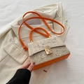 Handcrafted straw square bag with floral embroidery and vibrant orange leather straps - Orange