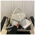 Détails du sac bandoulière en tweed avec boucles dorées et finitions en cuir blanc - Blanc