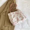 Bolso tote blanco roto con estampado de mariposas rosas y asas de tejido suave - Rosa