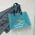Waterproof lake blue translucent large cosmetic tote bag with brown leather patch accent - Blue