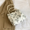 Bolso tote blanco con estampado de mariposas y asas de cuerda trenzada beige - Negro