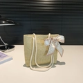Woven straw tote bag in light beige with white rope handles and heart-patterned silk scarf - Khaki