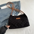 Grande borsa tote a scacchi nera con cinturini in pelle marrone e trama in tessuto - Nero