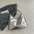 Silver metallic crackle tote bag featuring 3D butterfly metal ornaments in Y2K style - Silver