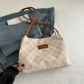 Borsa tote intrecciata crema con manici in pelle marrone e toppa con logo per donna - Bianco Sporco