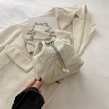 Cream drawstring bucket bag with blue leaf print and pearl metal chain strap detail - Bamboo Leaf