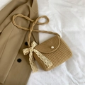 Handmade khaki straw crossbody bag featuring pearl closure and lace ribbon details - Khaki With Silk Scarf