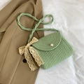 Chic light green lace woven crossbody bag with pearl clasp and white ribbon bow - Green With Silk Scarf