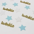 Detail of Twinkle gold glitter letters and light blue star paper confetti decor - Gold With Blue White Stars