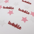 Close-up of red glitter twinkle script and pink star confetti for party table decor - Rose Gold With Pink White Stars