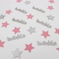 Close-up of pink and silver glitter star confetti with twinkle letter cutouts for parties - Silver With Silver Pink Stars