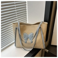 Détail d'un sac cabas en paille tressée avec anses en cuir bleu et motif papillon - Bleu
