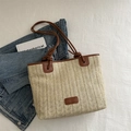 Sac cabas en paille tissée beige avec anses en cuir marron et logo de marque - Grande taille marron