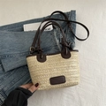 Woven straw tote bag with brown leather trim and handles for summer casual style - Small Coffee