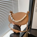 Brown crescent shoulder bag with pearl heart chain and Fashion & Bags text detail - Khaki