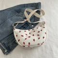 Sac bandoulière crème avec motif fraises et sangle ajustable en tissu côtelé doux - Blanc