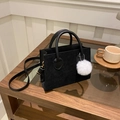 Black corduroy tote bag with white faux fur charm and adjustable shoulder strap - With Ornament / Black