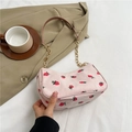 Sac bandoulière en velours côtelé rose avec imprimé fraise et chaîne dorée - Rose