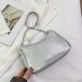 Silver metallic underarm bag with vintage crackle leather and metal chain strap - Silver