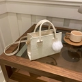 Cream white corduroy tote bag with plush ball charm and detachable shoulder strap - With Ornament / White