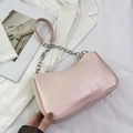 Pink pearl gloss crescent shoulder bag with bold silver chain and smooth faux leather - Pink