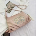 Pink velvet crossbody bag with traditional Chinese floral embroidery and white tassels - Single Bag / Pink