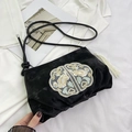 Black velvet crossbody bag with traditional Chinese floral embroidery and white tassel detail - Single Bag / Black