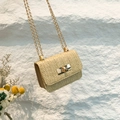 Chic beige straw mini crossbody bag with gold chain strap and woven texture - Khaki