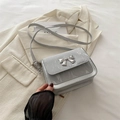 Silver-gray marble pattern square bag with metal bow accent and matching PU leather strap - Silver