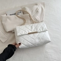 Minimalist white quilted shoulder bag with gold chain strap for elegant women - White